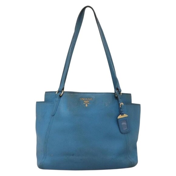 PRADA Tote Bag Leather Blue Gold Auth - Picture 1 of 15